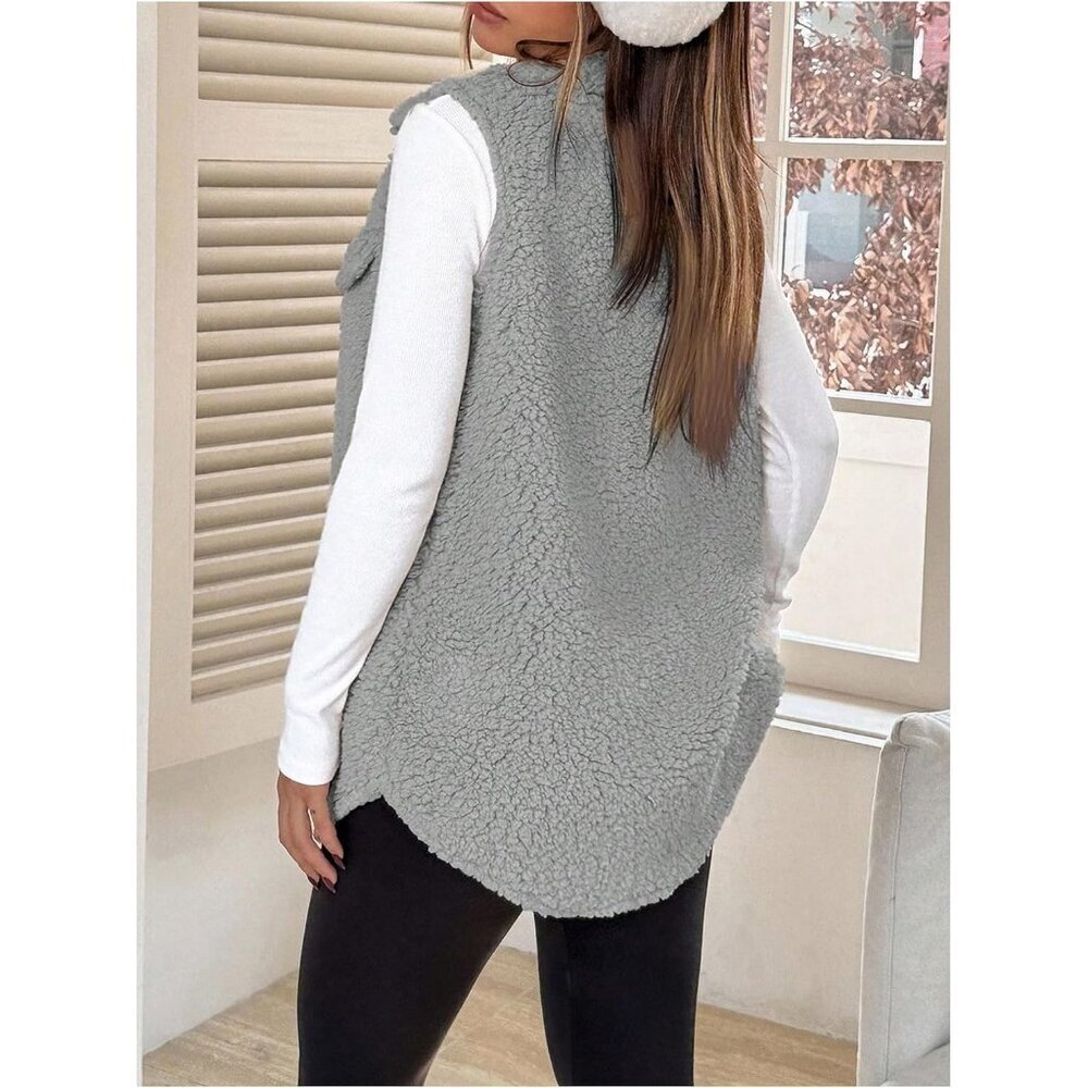 Women's Grey Fuzzy Fleece Vest Sleeveless Button Down Thigh Length Teddy Coat - Picture 2 of 5